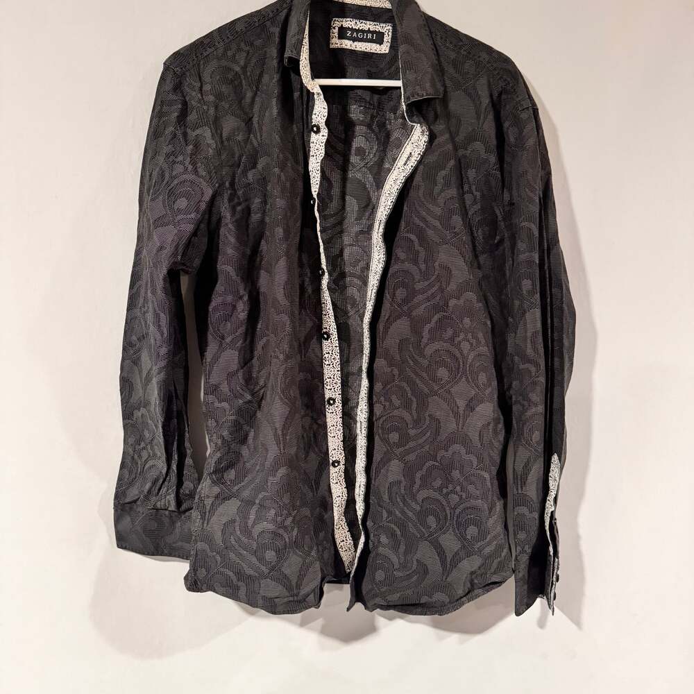 Zagiri Men's Black Floral Jacquard Long Sleeve Button Down Shirt